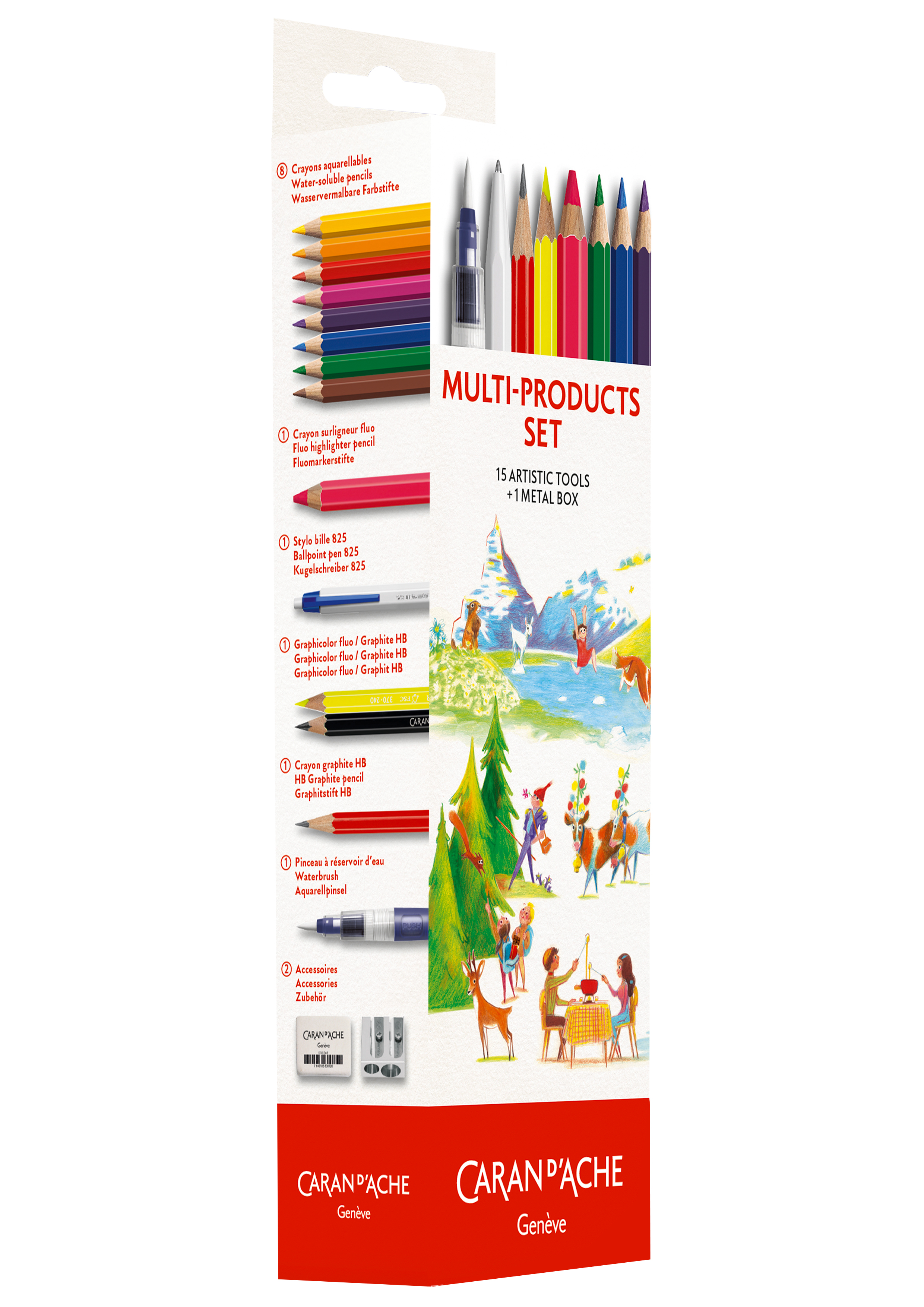 Multiproducts set- 16 pcs. 8 Swisscolor, Fluo, maxi, 1 Edelweiss HB, 1 waterbrush, 1 825 ballpoint, 1 eraser and sharpener